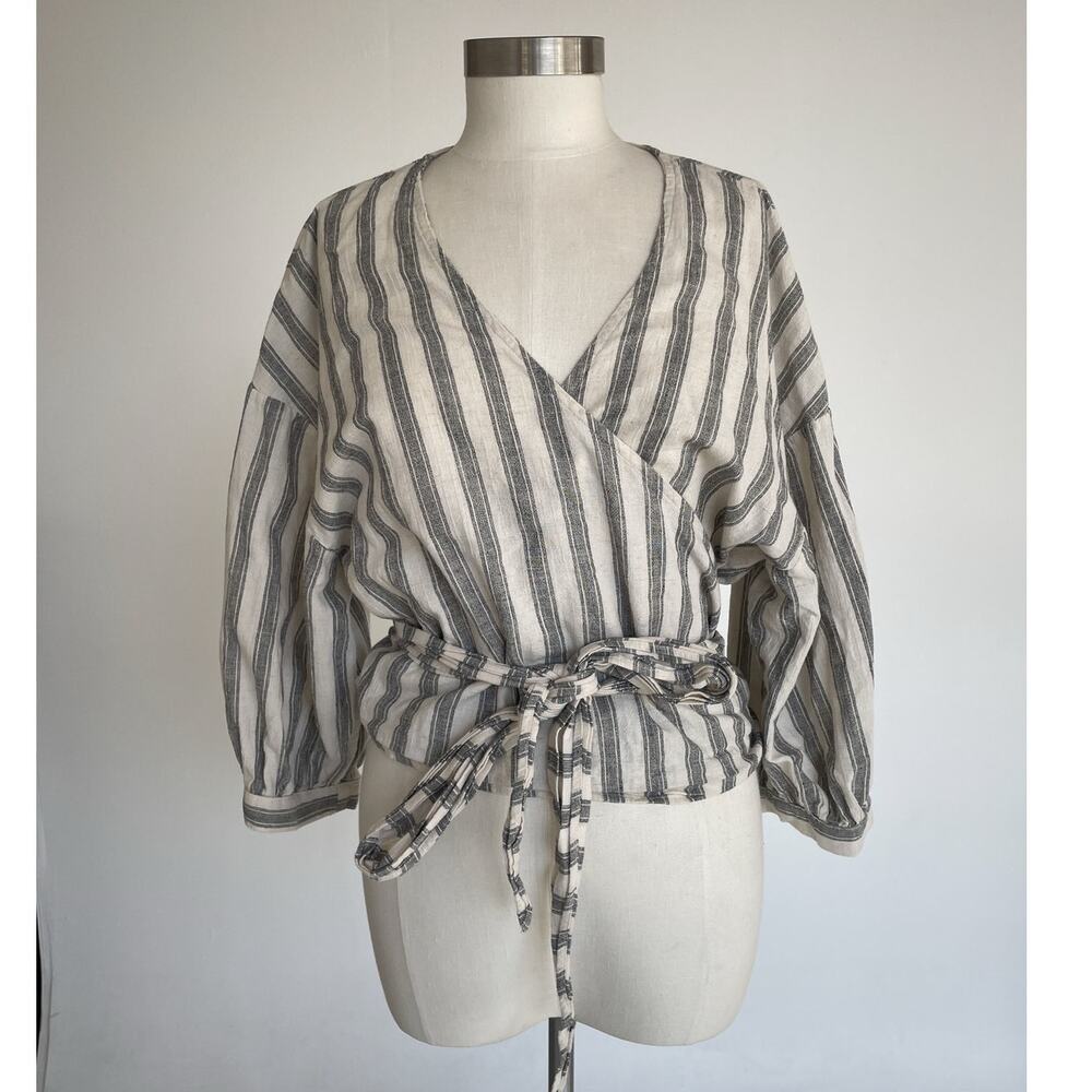 ESBY Apparel Colette Natural Black Striped Top Sz L / Cotton Linen Boho Minimal